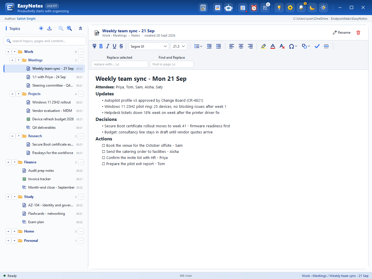 EasyNotes: a meeting-notes page with the topics pane and the header tools
