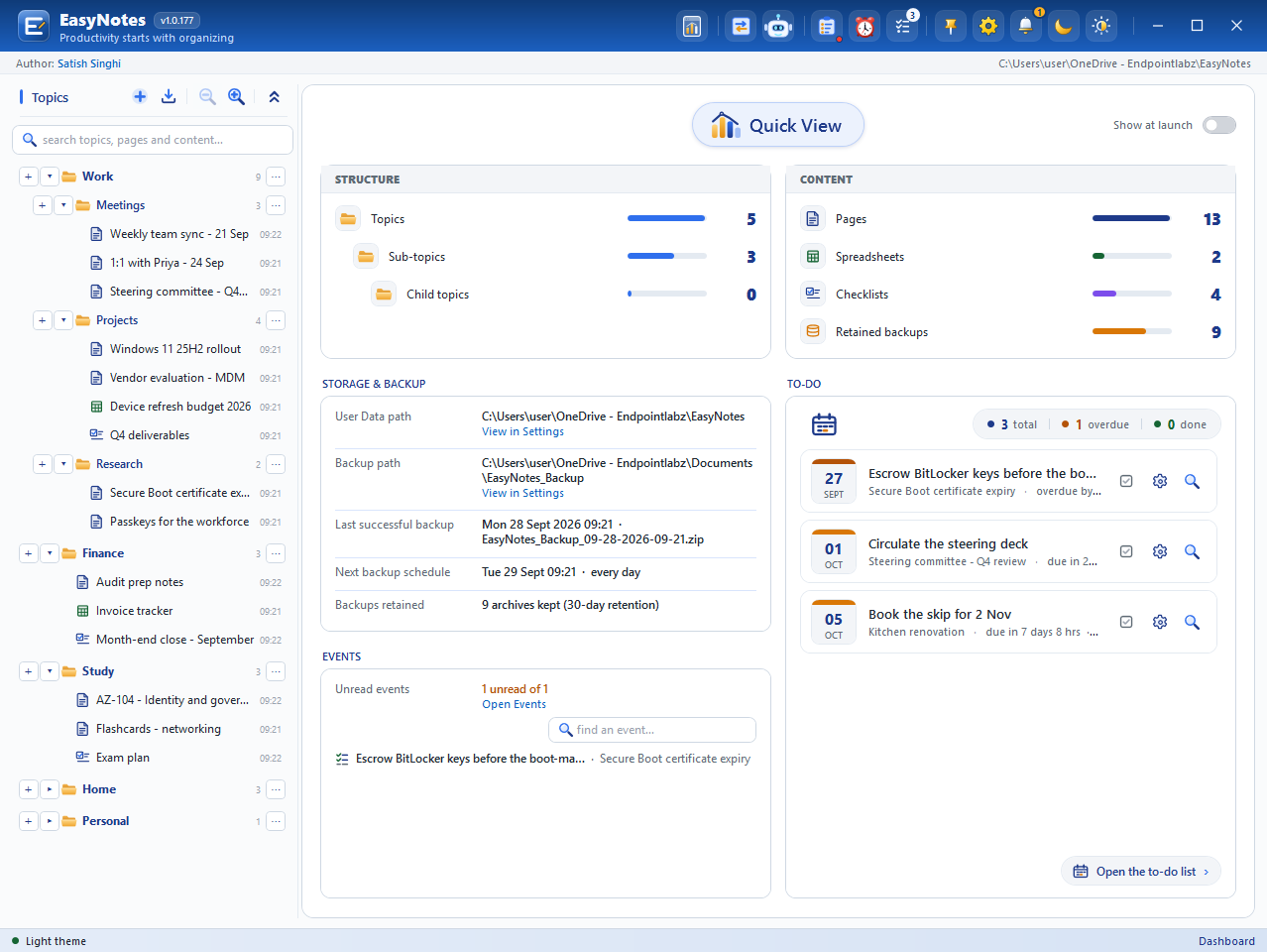 Quick View on a working notebook: structure, content, storage and backup, events and the to-do list.