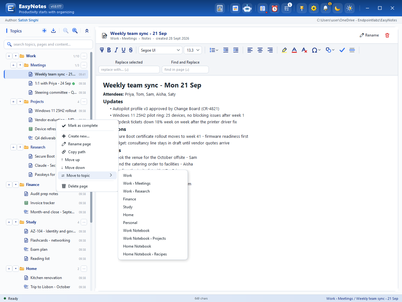 Right-click on a page – Move to topic