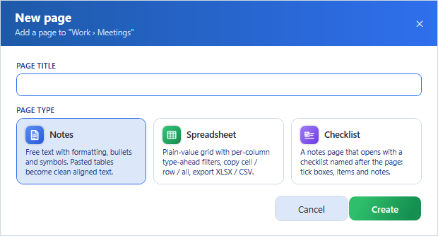 New page: pick Notes, Spreadsheet or Checklist.