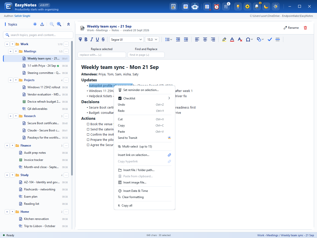 Right-click on selected text in a note