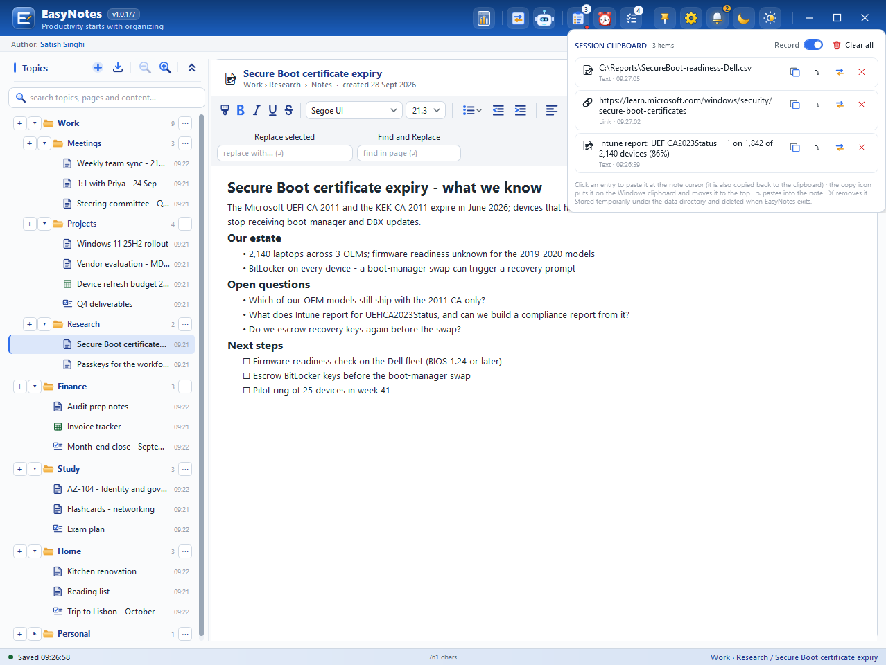 The session clipboard in the header