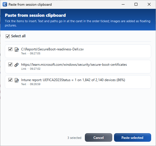 Paste from session clipboard: tick, then Paste selected