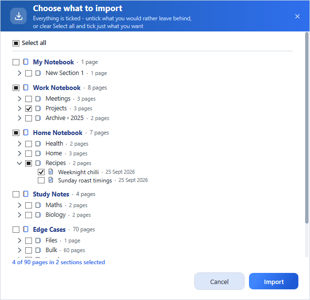 Choose what to import – notebooks, sections or single pages