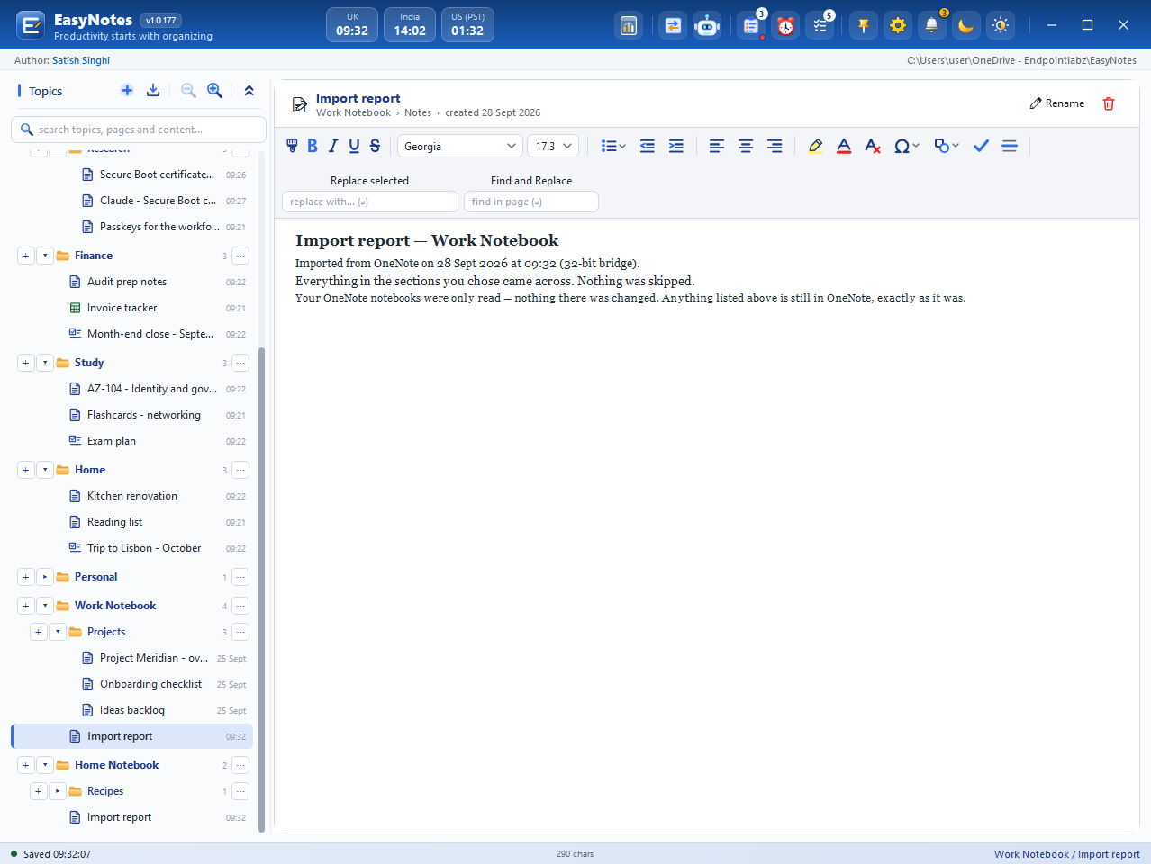 The imported topic with its Import report page