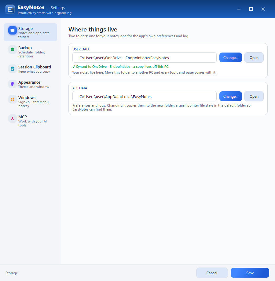 Settings › Storage, with the sync status of the current folder