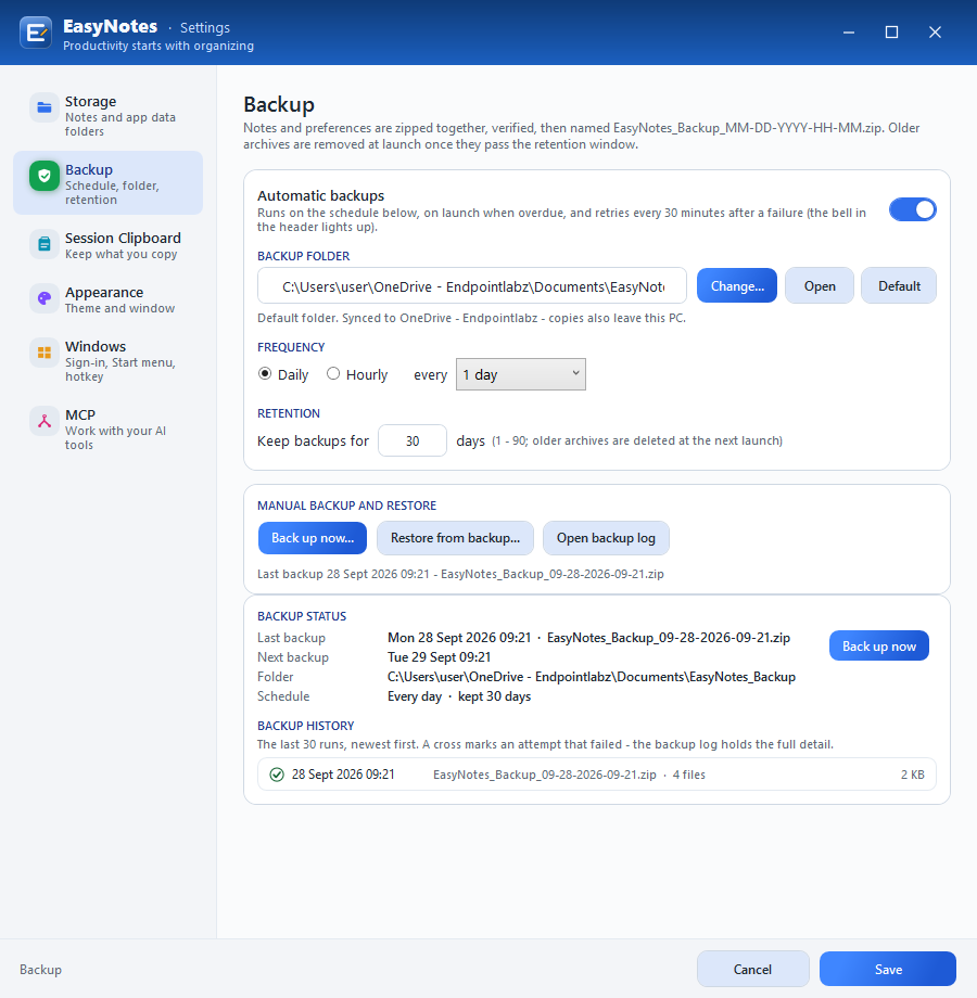 Settings › Backup: manual backup, restore, status and history