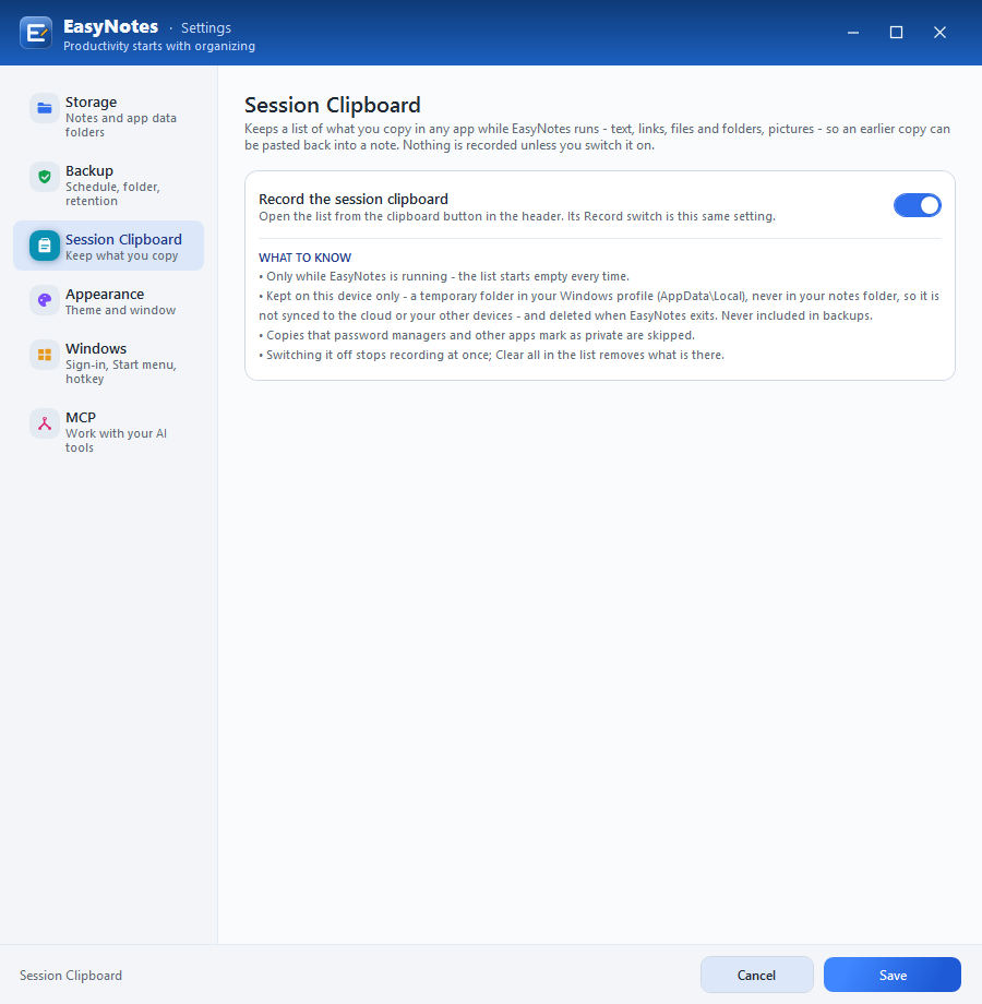 Settings › Session Clipboard