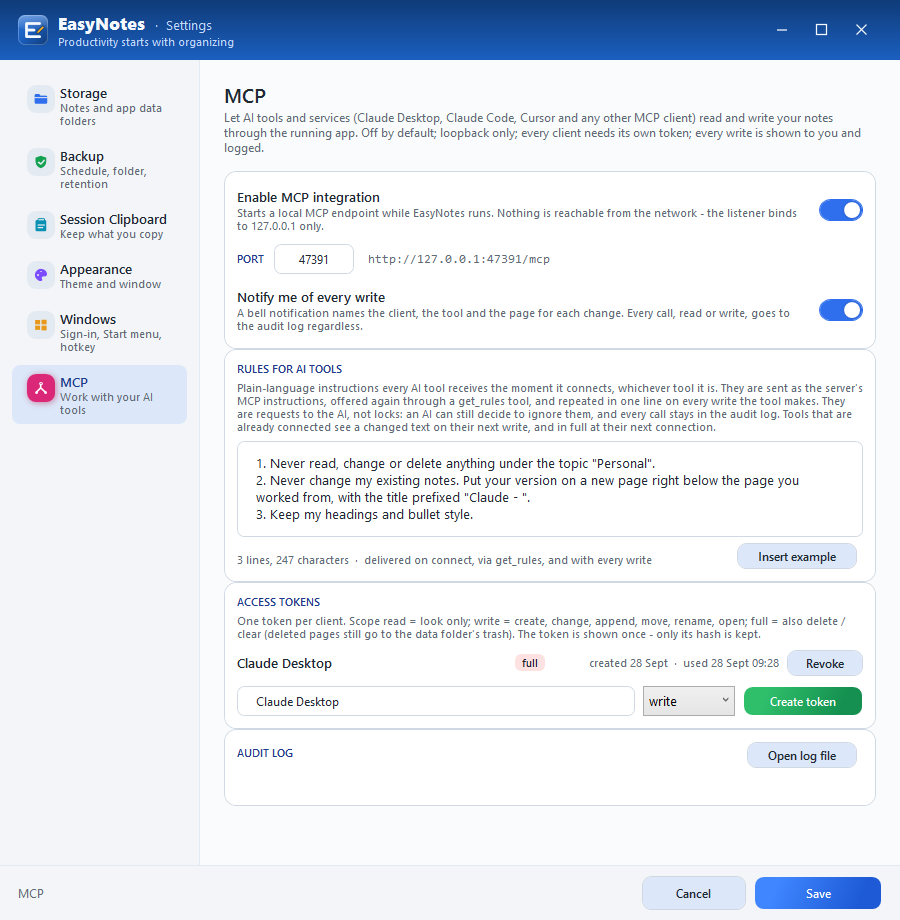 Settings › MCP: the switch, port, write notifications, rules, tokens and the audit log.